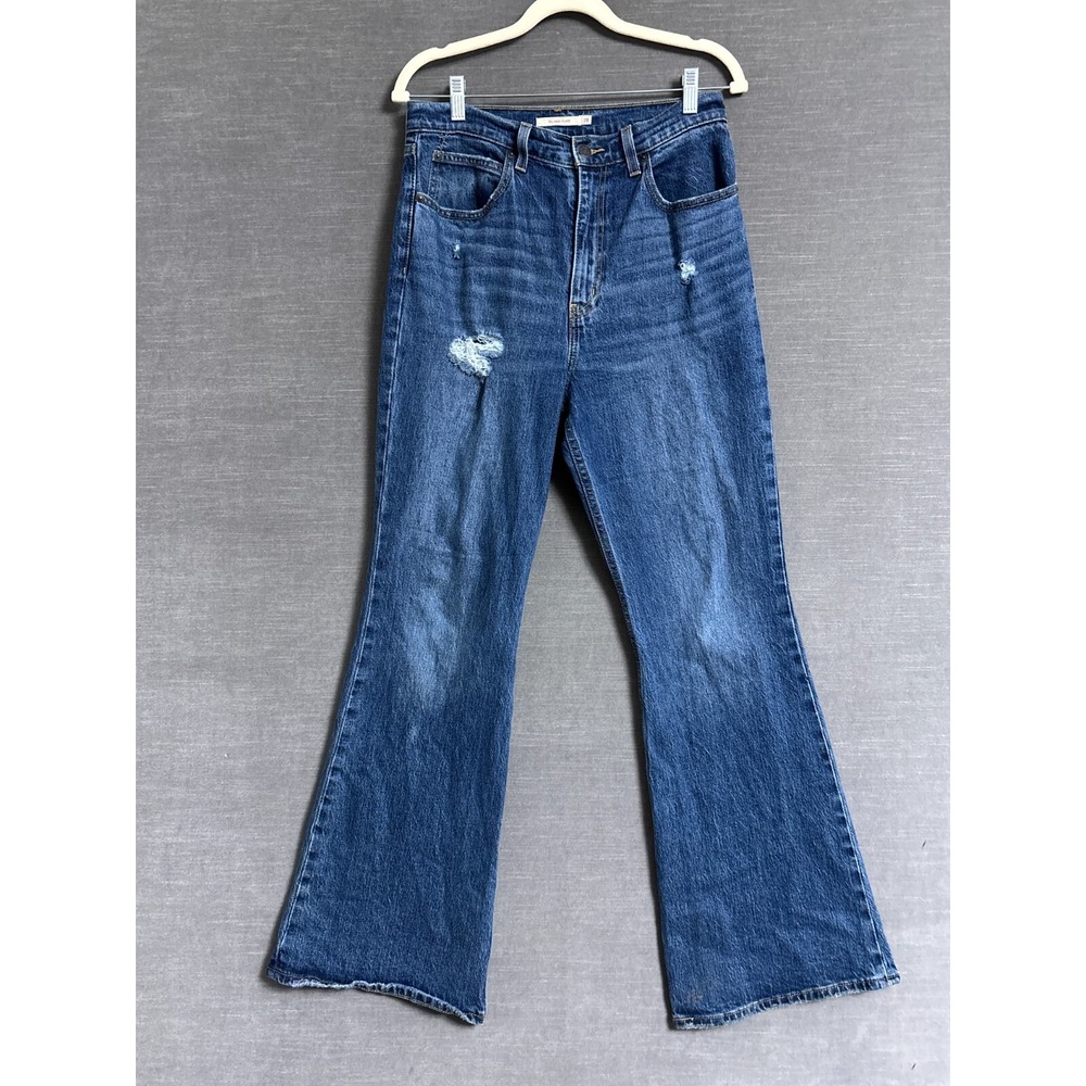 Levis Jeans Womens 28 x 31 Blue Premium Denim 70s High Flare Distressed Retro‎